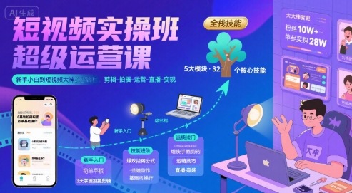 短视频实操班超级运营课，新手小白到短视频大神必修课程，剪辑-拍摄-运营-直播-变现-雲鼎文化传媒