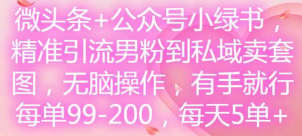 微头条+公众号小绿书，精准引流男粉到私域卖套图，无脑操作，有手就行，每单99-200，每天5单-雲鼎文化传媒