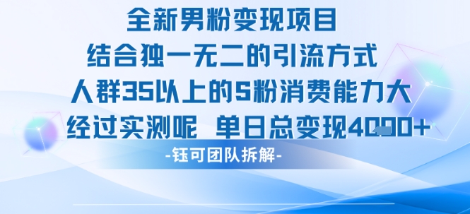 全新男粉变现项目引流人群35以上的男粉消费能力大 经过实测单日变现1k+-雲鼎文化传媒