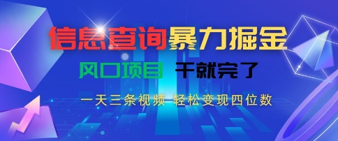 信息查询暴力掘金，一天三条视频，轻松变现四位数，风口项目干就完了【揭秘】-雲鼎文化传媒