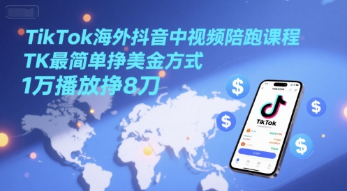 TikTok海外抖音中视频陪跑课程，TK最简单挣美金方式，1万播放挣8刀-雲鼎文化传媒