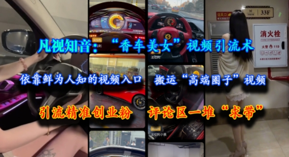 凡视知音：“香车美女”视频引流术，依靠鲜为人知的视频入口，搬运“高端圈子”视频，引流精准创业粉，评论区一堆“求带”-雲鼎文化传媒
