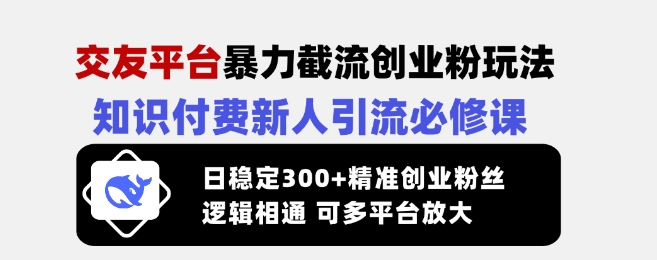 交友平台暴力截流创业粉玩法，知识付费新人引流必修课，日稳定300+精准创业粉丝，逻辑相通可多平台放大-雲鼎文化传媒