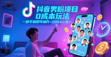 抖音男粉项目0成本玩法，一部手机即可操作，日均4张+，时间自由-雲鼎文化传媒