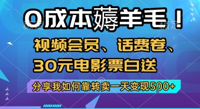 0成本薅羊毛!视频会员、话费卷、30元电影票白送，分享我如何靠转卖一天变现5张+【揭秘】-雲鼎文化传媒