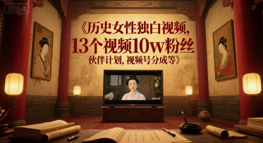 历史女性独白视频，13个视频10w粉丝，伙伴计划，视频号分成等-雲鼎文化传媒