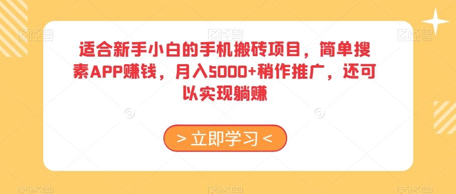 适合新手小白的手机搬砖项目，简单搜素APP赚钱，月入5000+稍作推广，还可以实现躺赚【揭秘】-雲鼎文化传媒