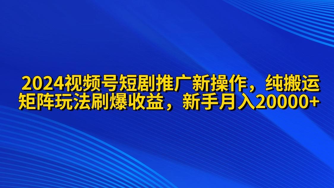 (9916期)2024视频号短剧推广新操作 纯搬运+矩阵连爆打法刷爆流量分成 小白月入20000-雲鼎文化传媒