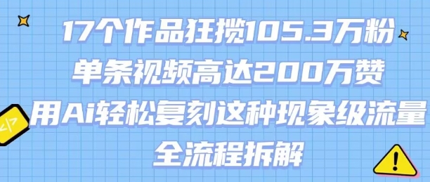 17个作品狂揽105.3W粉，单条视频高达200W赞，用Ai轻松复刻这种现象级流量!(全流程拆解)-雲鼎文化传媒
