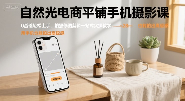 自然光电商平铺手机摄影课，0基础轻松上手，拍摄修图剪辑一站式实操教学，用手机也能拍出高级感-雲鼎文化传媒