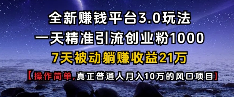 全新赚钱平台3.0玩法一天精准引流创业粉1000.7天被动躺Z收益21W【仅揭秘】-雲鼎文化传媒