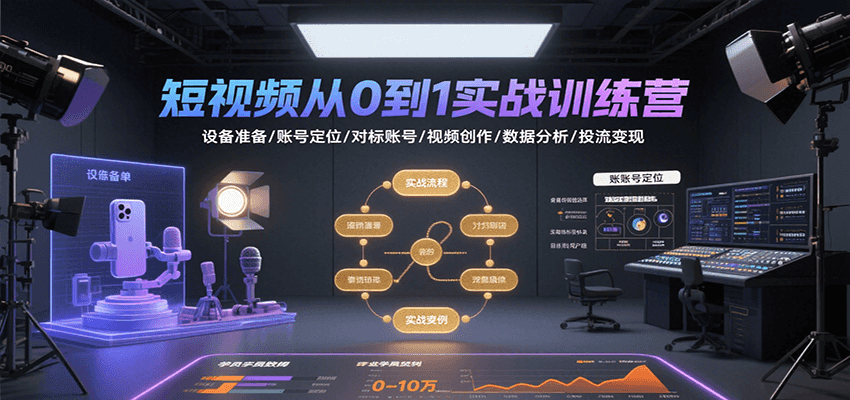 短视频从0到1实战训练营：设备准备/账号定位/对标账号/视频创作/数据分析/投流变现-雲鼎文化传媒