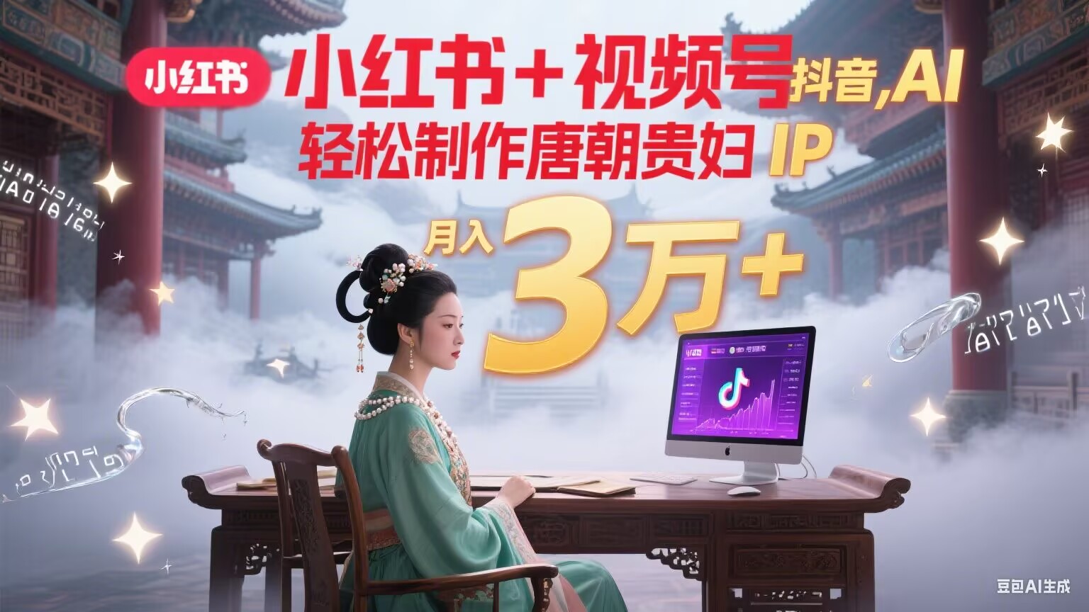 小红书+视频号+抖音，AI轻松制作唐朝贵妇IP，毒鸡汤、励志、减肥瘦身、养生赛道轻松切入，每天30分钟，轻松产出N条，月入3万+-雲鼎文化传媒