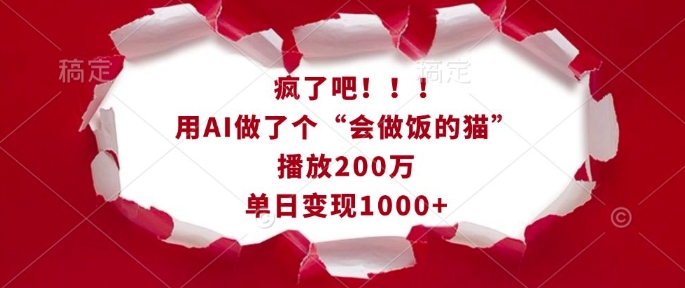 疯了吧！用AI做了个“会做饭的猫”，播放200万，单日变现1k-雲鼎文化传媒