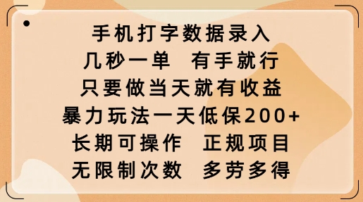手机打字数据录入，几秒一单，有手就行，只要做当天就有收益，暴力玩法一天低保2张-雲鼎文化传媒