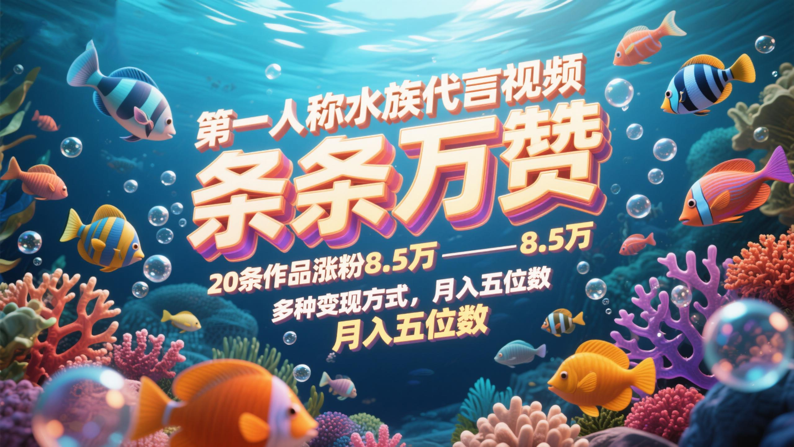 第一人称水族代言视频，条条万赞，20条作品涨粉8.5万，多种变现方式月，入五位数-雲鼎文化传媒